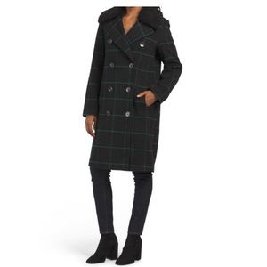 Tahari Black and Green Windowpane Wool Blend Coat